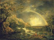 Extensive Wooded River Landscape, with Anglers Beside a Pool Below a Waterfall, and a Rainbow-George the Elder Barret-Giclee Print