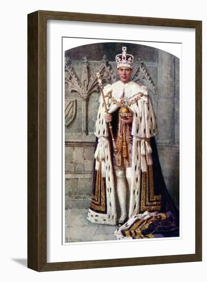 George VI in Coronation Robes: the Robe of Purple Velvet, with the Imperial State Crown, 1937-Fortunino Matania-Framed Giclee Print