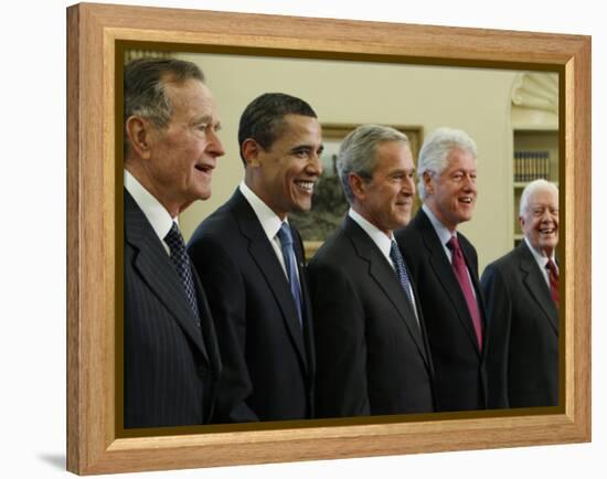 George W. Bush with Barack Obama and Former Presidents Bush, Clinton and Carter in Oval Office-null-Framed Premier Image Canvas