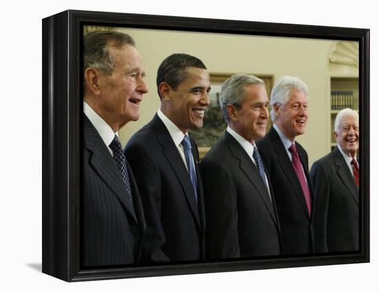 George W. Bush with Barack Obama and Former Presidents Bush, Clinton and Carter in Oval Office-null-Framed Premier Image Canvas