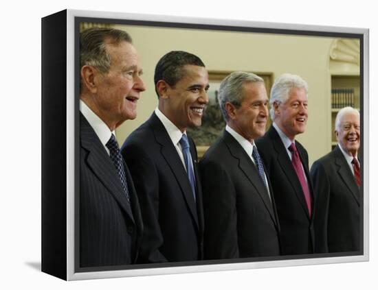 George W. Bush with Barack Obama and Former Presidents Bush, Clinton and Carter in Oval Office-null-Framed Premier Image Canvas