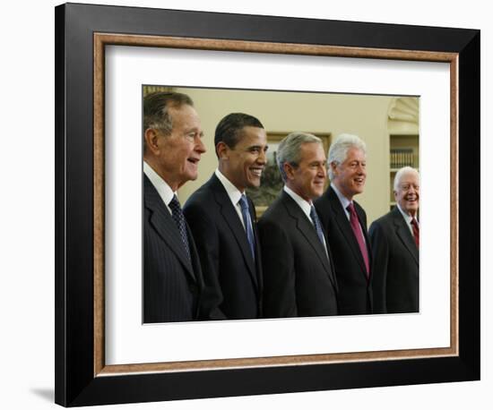 George W. Bush with Barack Obama and Former Presidents Bush, Clinton and Carter in Oval Office-null-Framed Photographic Print