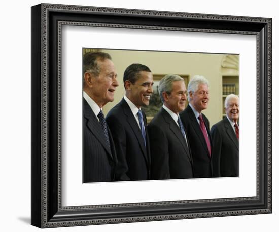 George W. Bush with Barack Obama and Former Presidents Bush, Clinton and Carter in Oval Office-null-Framed Photographic Print