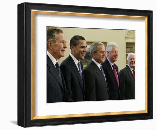 George W. Bush with Barack Obama and Former Presidents Bush, Clinton and Carter in Oval Office-null-Framed Photographic Print