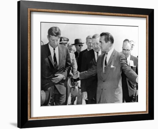 George Wallace Stepping Aside as Pres John Kennedy Walks to Platform at Muscle Shoals, Alabama-null-Framed Photo