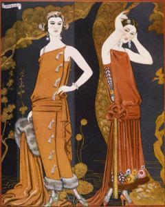 Orientally Inspired Gowns by Worth in Lacquer Reds by Georges Barbier