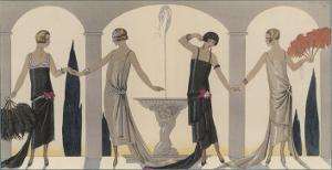 Sensually Draped Dresses with Narrow Beaded Straps Square Necklines and Detailing Over One Hip by Georges Barbier
