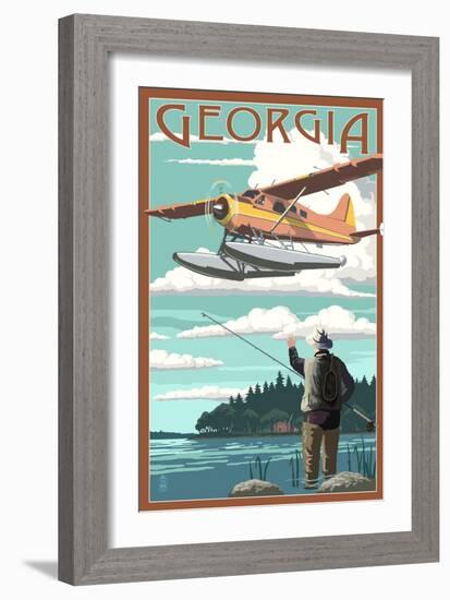 Georgia - Float Plane and Fisherman-Lantern Press-Framed Art Print