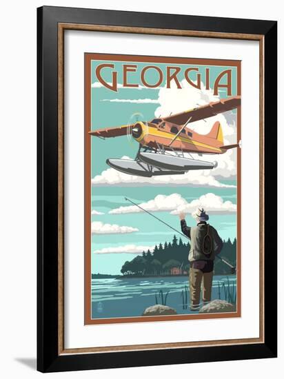 Georgia - Float Plane and Fisherman-Lantern Press-Framed Art Print