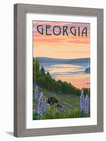 Georgia - Lake and Bear Family-Lantern Press-Framed Art Print