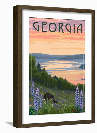 Georgia - Lake and Bear Family-Lantern Press-Framed Art Print