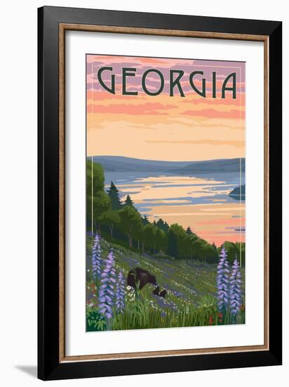 Georgia - Lake and Bear Family-Lantern Press-Framed Art Print