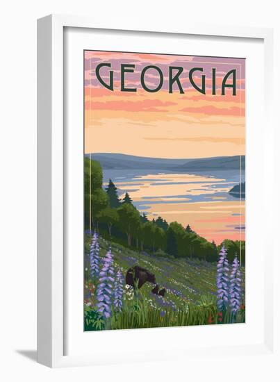 Georgia - Lake and Bear Family-Lantern Press-Framed Art Print