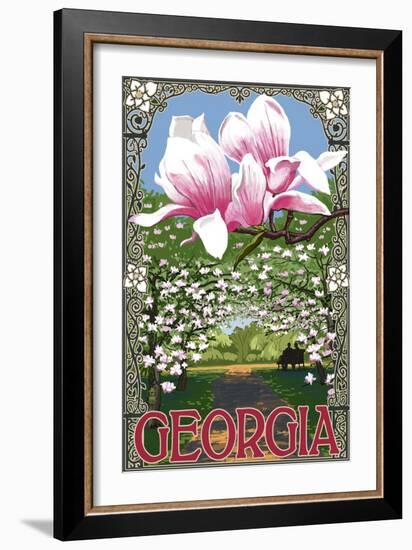 Georgia - Magnolias-Lantern Press-Framed Art Print