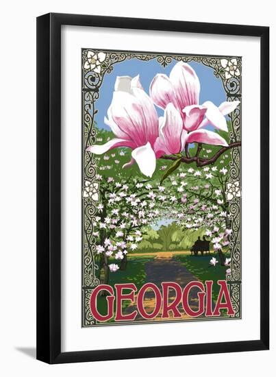 Georgia - Magnolias-Lantern Press-Framed Art Print