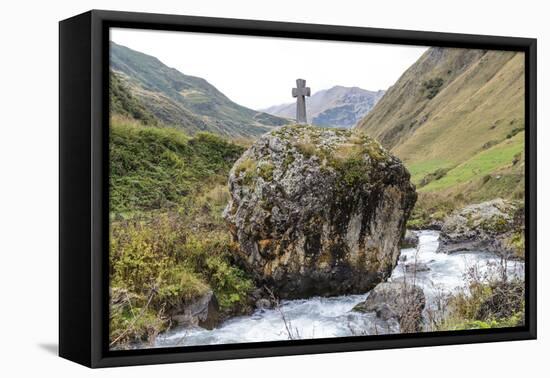 Georgia, Mtskheta, Juta. River Flowing Past a Stone Cross-Alida Latham-Framed Premier Image Canvas