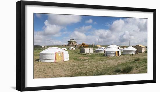 Ger camp and Tsorjiin Khureenii temple in the background, Middle Gobi province, Mongolia, Central A-Francesco Vaninetti-Framed Photographic Print