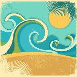 Sea Waves.Vintage Illustration Of Nature Poster With Sun On Old Paper-GeraKTV-Art Print