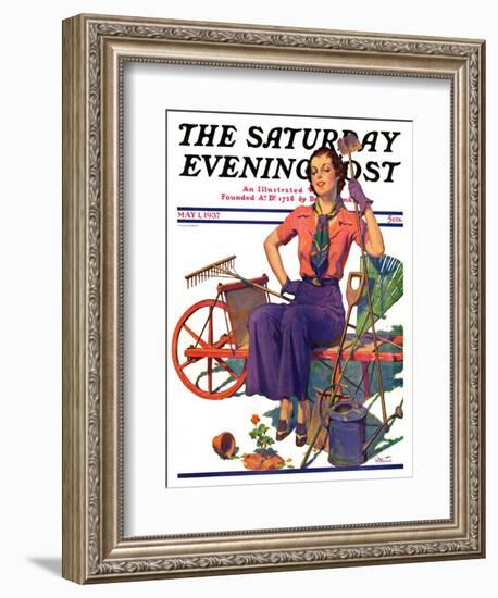 "Geranium Gardener," Saturday Evening Post Cover, May 1, 1937-W.D. Stevens-Framed Giclee Print