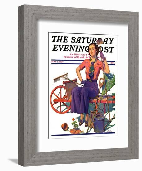 "Geranium Gardener," Saturday Evening Post Cover, May 1, 1937-W.D. Stevens-Framed Giclee Print