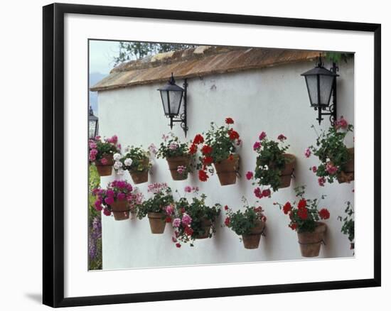 Geraniums along White Wall of Palacio de Mondragon, Ronda, Spain-Merrill Images-Framed Photographic Print
