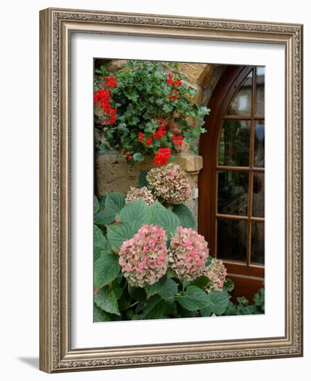 Geraniums and Hydrangea by Doorway, Chateau de Cercy, Burgundy, France-Lisa S. Engelbrecht-Framed Photographic Print