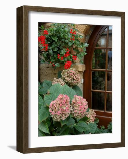 Geraniums and Hydrangea by Doorway, Chateau de Cercy, Burgundy, France-Lisa S. Engelbrecht-Framed Photographic Print