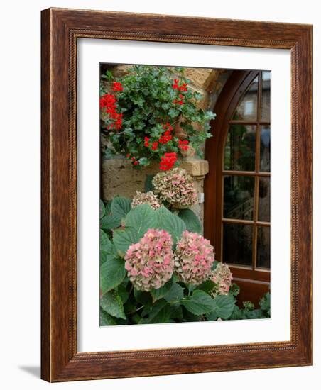 Geraniums and Hydrangea by Doorway, Chateau de Cercy, Burgundy, France-Lisa S. Engelbrecht-Framed Photographic Print