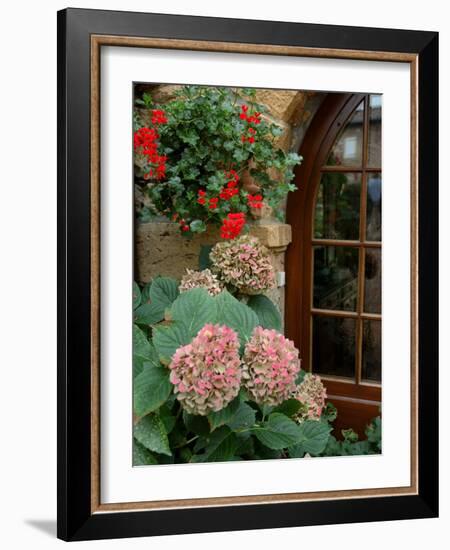 Geraniums and Hydrangea by Doorway, Chateau de Cercy, Burgundy, France-Lisa S. Engelbrecht-Framed Photographic Print