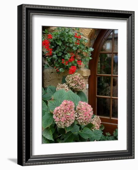 Geraniums and Hydrangea by Doorway, Chateau de Cercy, Burgundy, France-Lisa S. Engelbrecht-Framed Photographic Print