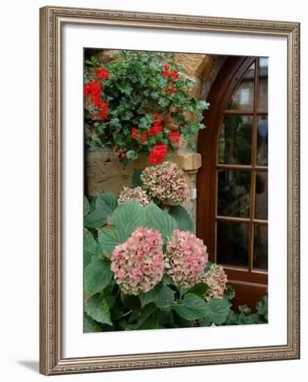 Geraniums and Hydrangea by Doorway, Chateau de Cercy, Burgundy, France-Lisa S. Engelbrecht-Framed Photographic Print