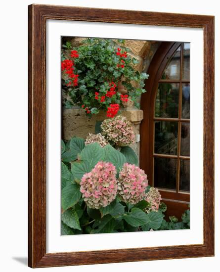 Geraniums and Hydrangea by Doorway, Chateau de Cercy, Burgundy, France-Lisa S. Engelbrecht-Framed Photographic Print