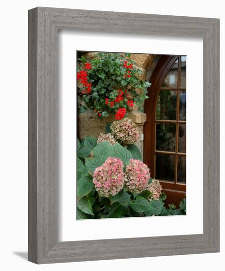 Geraniums and Hydrangea by Doorway, Chateau de Cercy, Burgundy, France-Lisa S. Engelbrecht-Framed Photographic Print