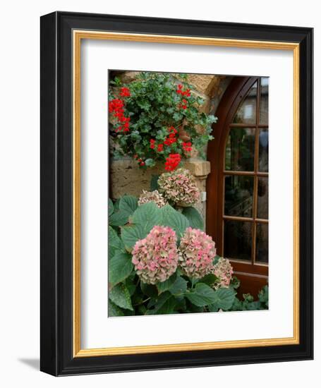 Geraniums and Hydrangea by Doorway, Chateau de Cercy, Burgundy, France-Lisa S. Engelbrecht-Framed Photographic Print