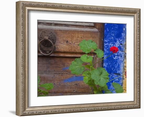 Geraniums and Old Door in Chania, Crete, Greece-Darrell Gulin-Framed Photographic Print