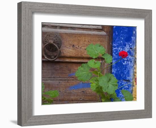 Geraniums and Old Door in Chania, Crete, Greece-Darrell Gulin-Framed Photographic Print