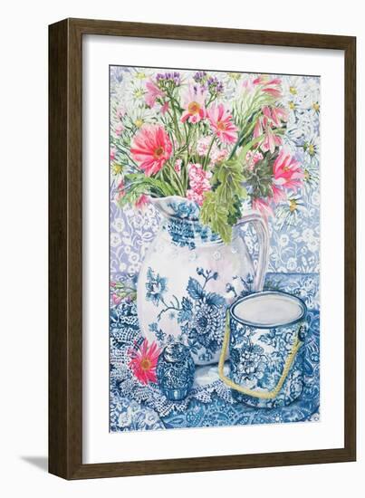 Gerberas in a Coalport Jug with Blue Pots-Joan Thewsey-Framed Giclee Print