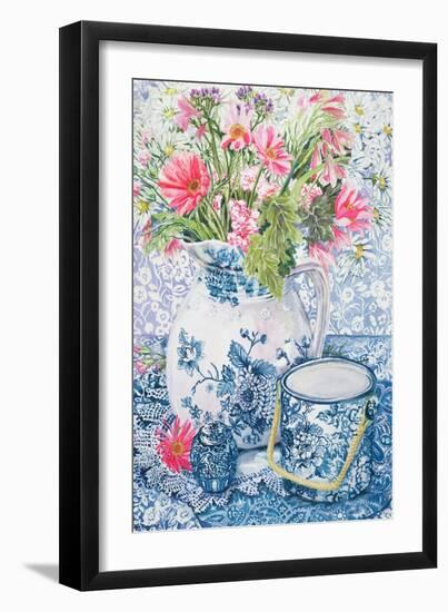 Gerberas in a Coalport Jug with Blue Pots-Joan Thewsey-Framed Giclee Print