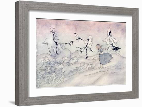 Gerda Is Terrified by the Snow Queen's Advance Guard, But She Said 'Our Fat-Arthur Rackham-Framed Giclee Print