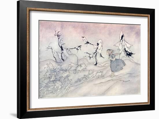 Gerda Is Terrified by the Snow Queen's Advance Guard, But She Said 'Our Fat-Arthur Rackham-Framed Giclee Print