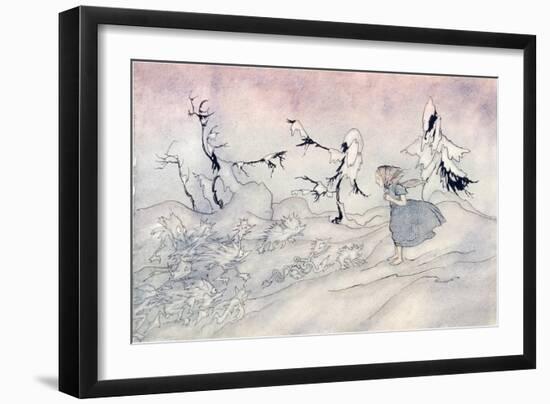 Gerda Is Terrified by the Snow Queen's Advance Guard, But She Said 'Our Fat-Arthur Rackham-Framed Giclee Print