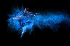 Young beautiful dancer jumping into blue powder cloud-Gergely Zsolnai-Premium Giclee Print