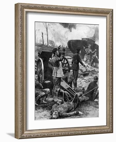 German Gun Crew Surrender to a Tank at Messines, WW1-Ernest Prater-Framed Art Print