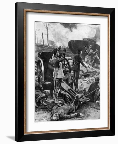 German Gun Crew Surrender to a Tank at Messines, WW1-Ernest Prater-Framed Art Print