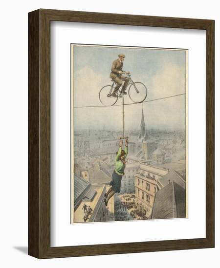 German Husband and Wife Team Perform a Dramatic Tightrope Cycling Act-Achille Beltrame-Framed Photographic Print