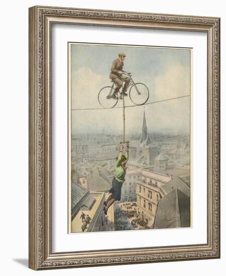 German Husband and Wife Team Perform a Dramatic Tightrope Cycling Act-Achille Beltrame-Framed Photographic Print