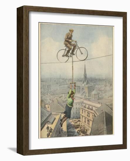 German Husband and Wife Team Perform a Dramatic Tightrope Cycling Act-Achille Beltrame-Framed Photographic Print