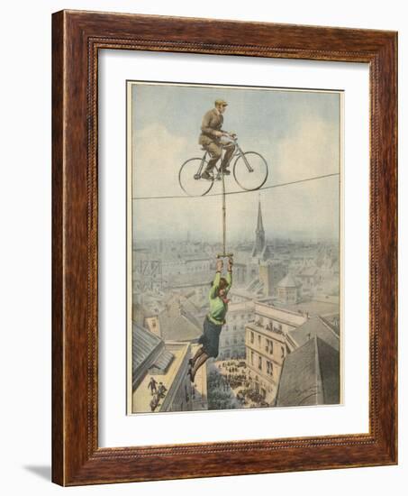 German Husband and Wife Team Perform a Dramatic Tightrope Cycling Act-Achille Beltrame-Framed Photographic Print