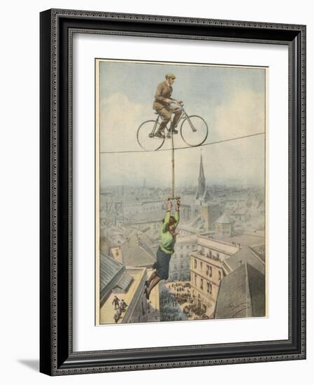 German Husband and Wife Team Perform a Dramatic Tightrope Cycling Act-Achille Beltrame-Framed Photographic Print