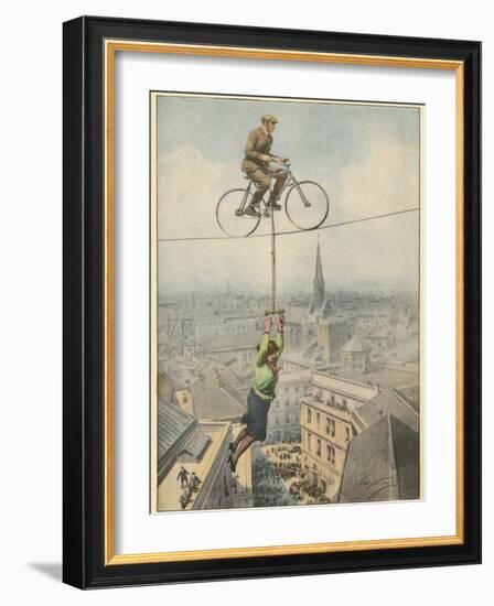 German Husband and Wife Team Perform a Dramatic Tightrope Cycling Act-Achille Beltrame-Framed Photographic Print